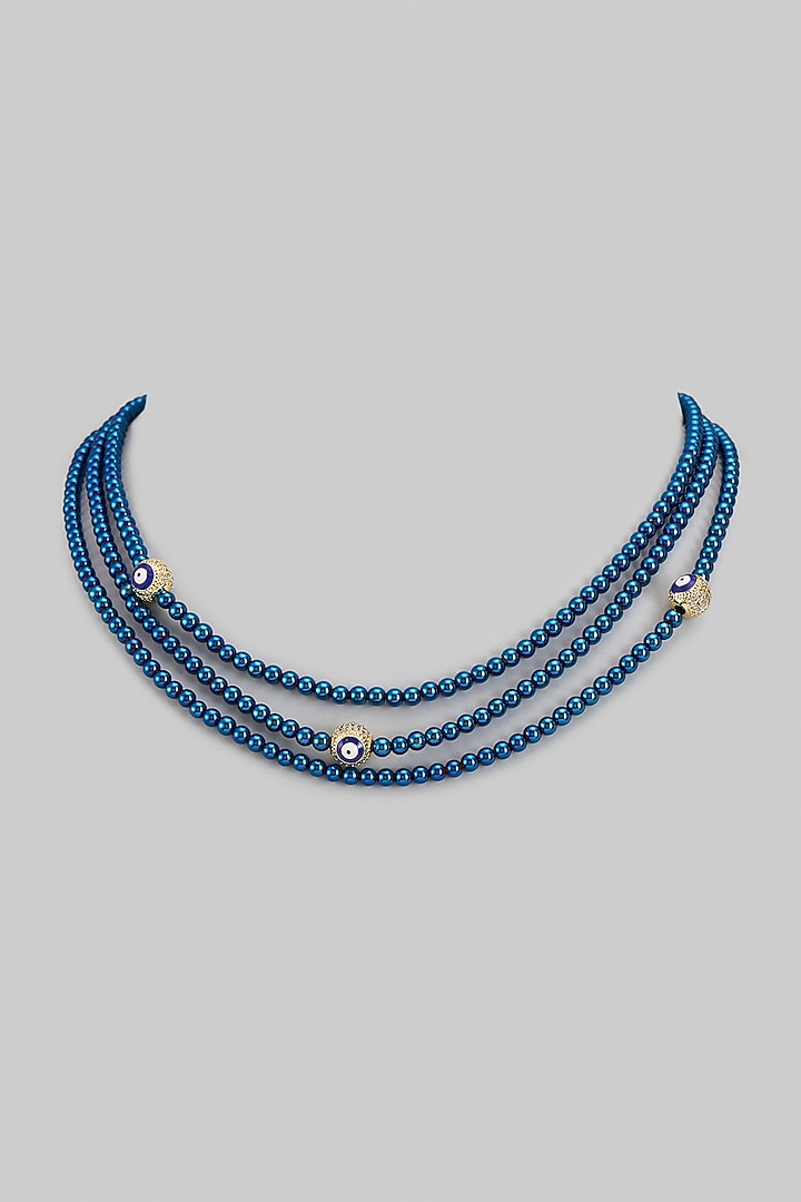 Gold Plated Cubic Zirconia & Blue Hematite Beaded Tri-Strand Necklace by Minaki at Pernia's Pop Up Shop