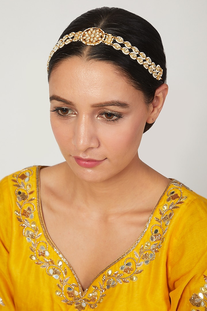Gold Plated Kundan Polki & Pearls Matha Patti by Minaki at Pernia's Pop Up Shop