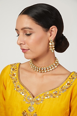 Gold Plated Kundan Polki Choker Necklace Set by Minaki