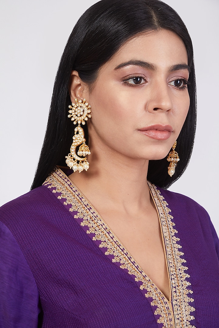 Gold Plated Dangler Earrings With Kundan Polki by Minaki at Pernia's Pop Up Shop