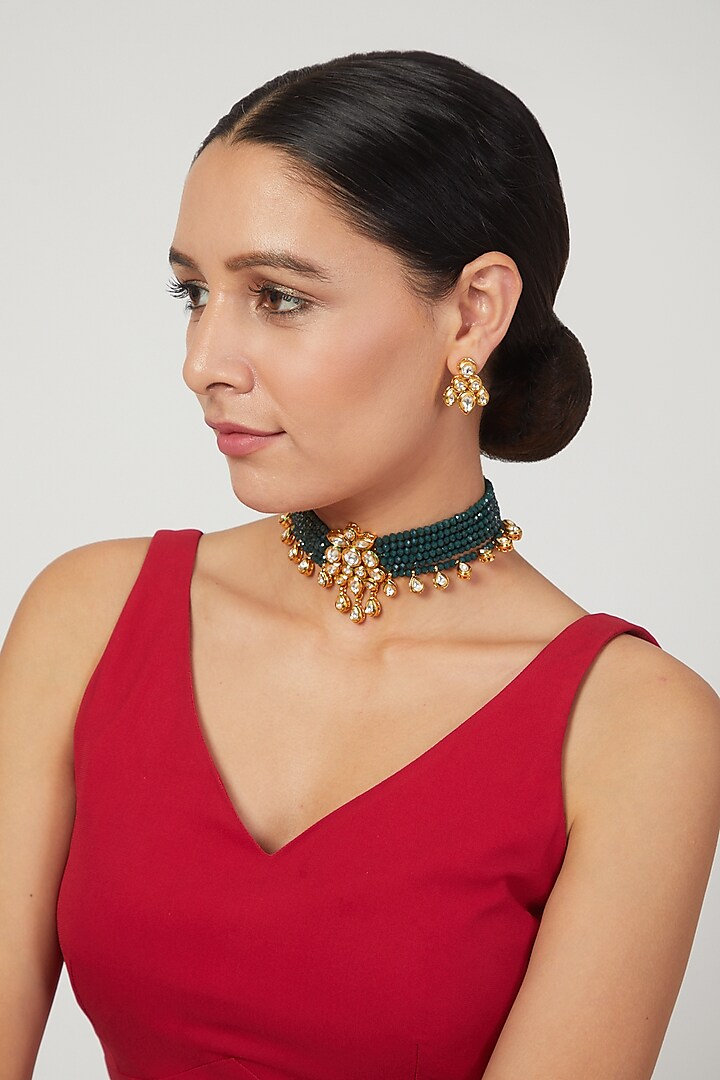 Gold Plated Choker Necklace Set With Emeralds by Minaki