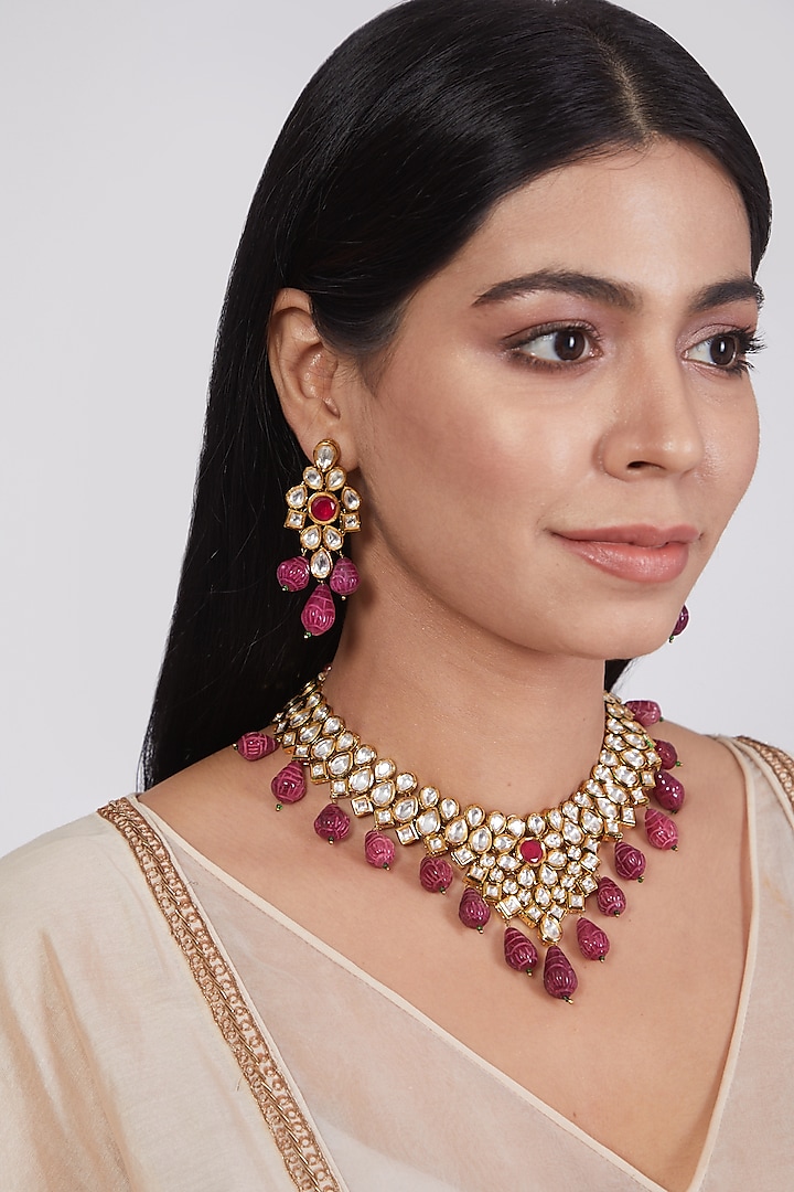 Gold Plated Necklace Set With Red Drops by Minaki