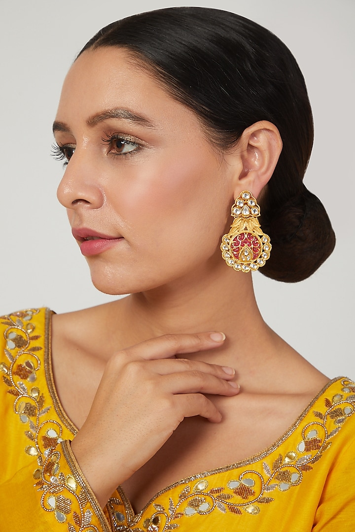 Gold Plated Stud Earrings With Kundan Polki by Minaki