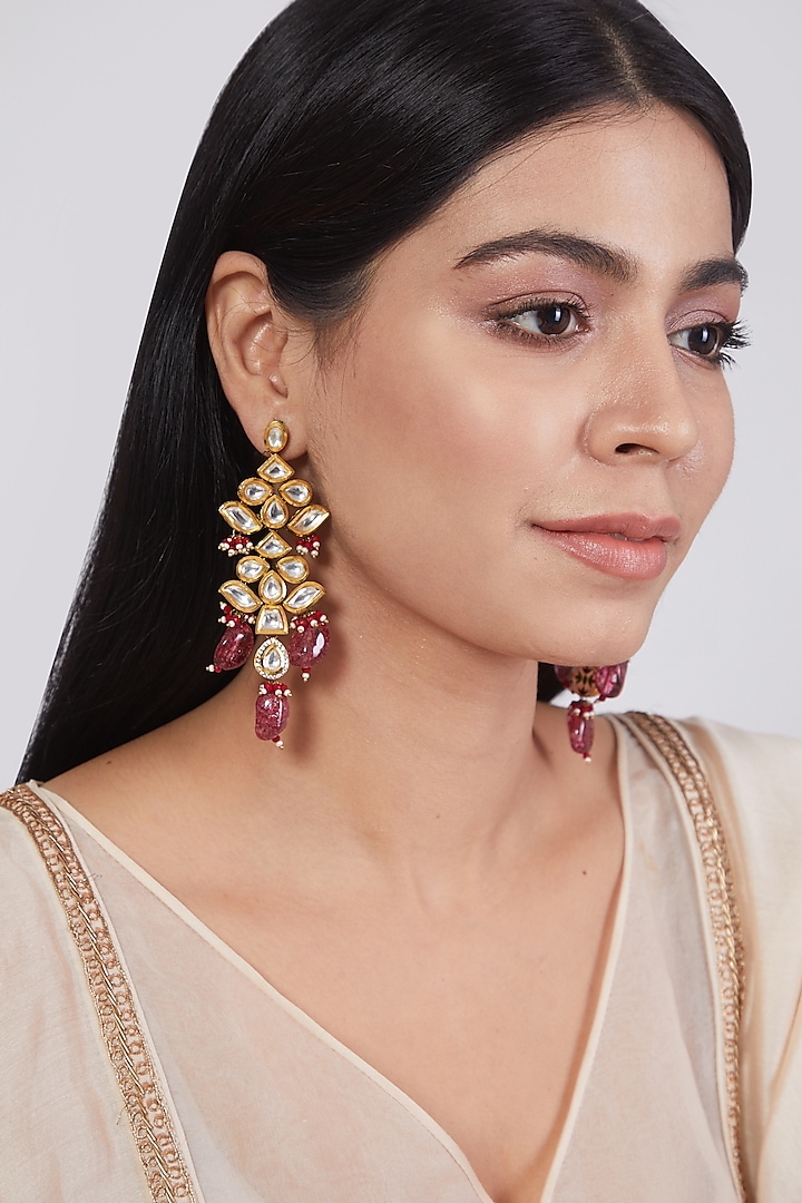 Gold Plated Earrings With Pink Quartz Stones by Minaki