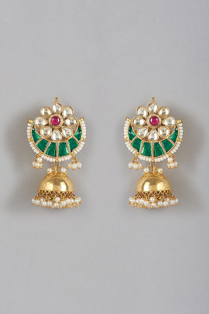 Gold Plated Pachi Kundan Polki & Pearls Jhumka Earrings by Minaki at Pernia's Pop Up Shop