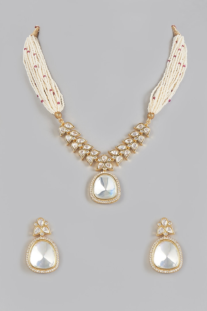 Gold Plated Kundan Polki & Pearls Necklace Set by Minaki at Pernia's Pop Up Shop