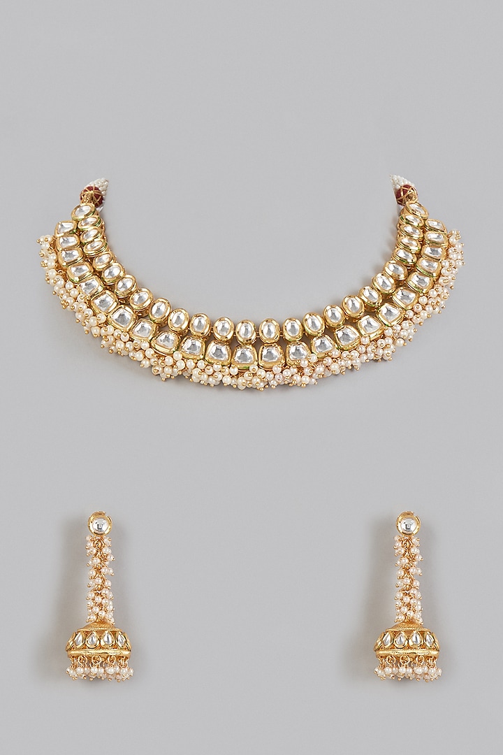 Gold Plated Pearls & Kundan Polki Necklace Set by Minaki
