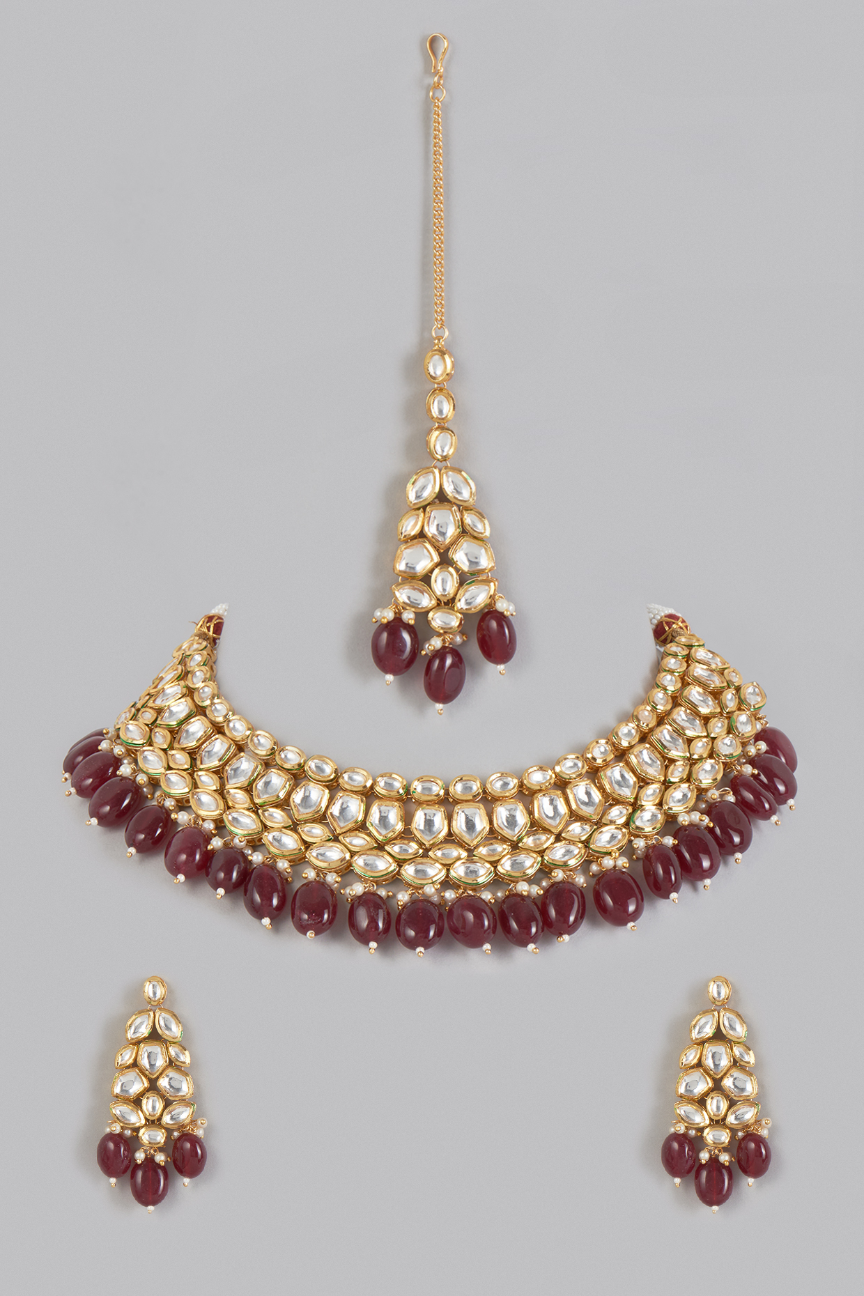 Gold Plated Kundan Polki & Agate Beads Necklace Set by Minaki