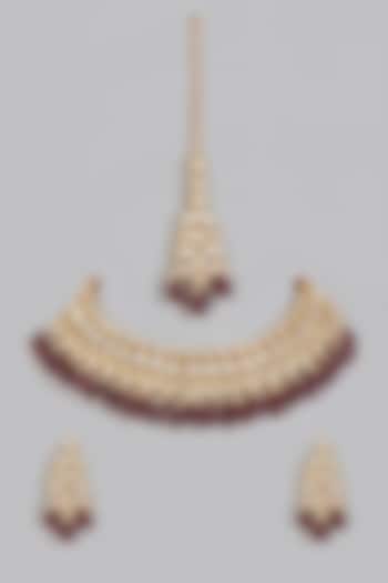 Gold Plated Kundan Polki & Agate Beads Necklace Set by Minaki