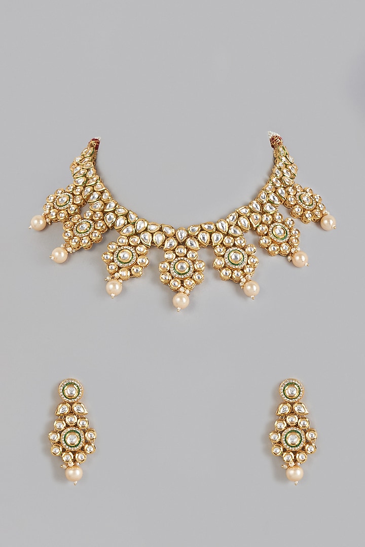 Gold Plated Kundan Polki & Pearls Necklace Set by Minaki at Pernia's Pop Up Shop
