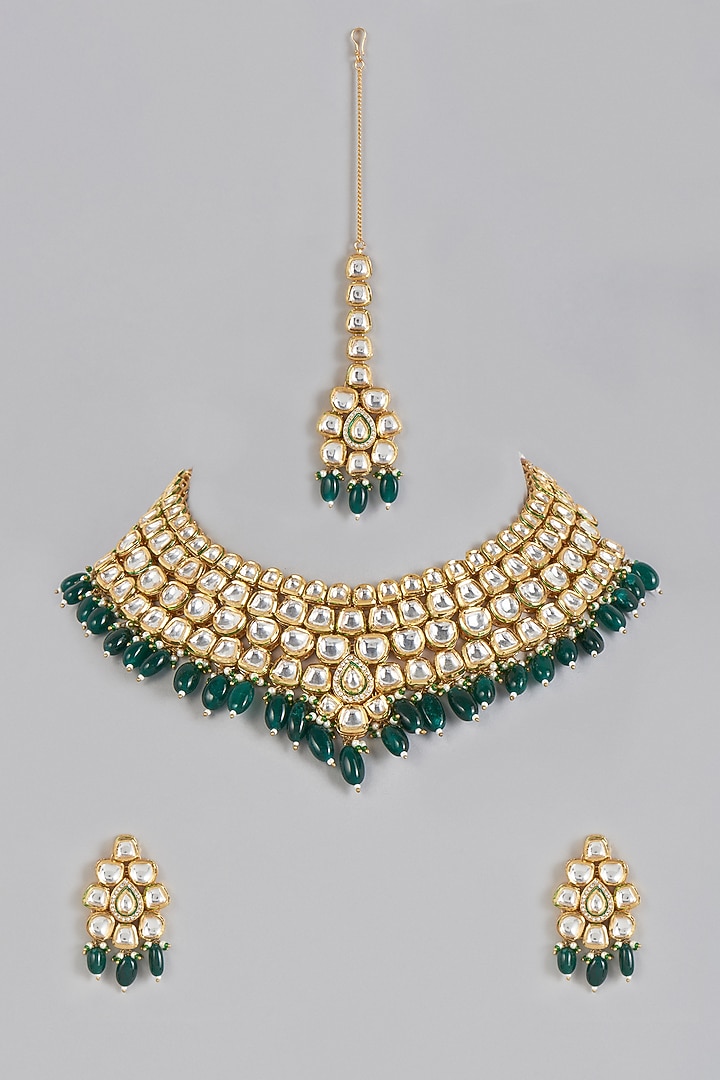 Gold Plated Agate Beads & Kundan Polki Bridal Necklace Set by Minaki at Pernia's Pop Up Shop