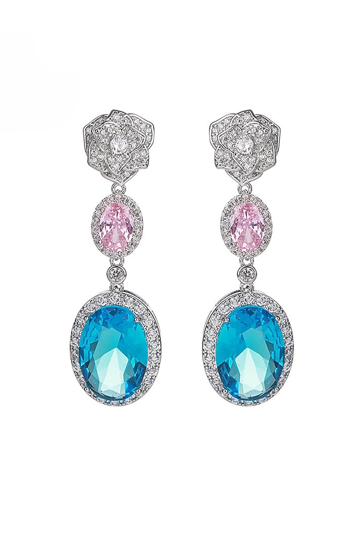 White Gold Finish Blue Stones & Cubic Zirconia Dangler Earrings by Minaki at Pernia's Pop Up Shop