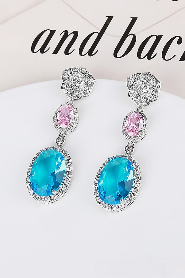 White Gold Finish Blue Stones & Cubic Zirconia Dangler Earrings by Minaki at Pernia's Pop Up Shop