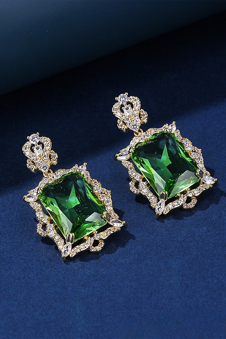 Gold Plated Green Gemstone & Zircon Dangler Earrings by Minaki at Pernia's Pop Up Shop