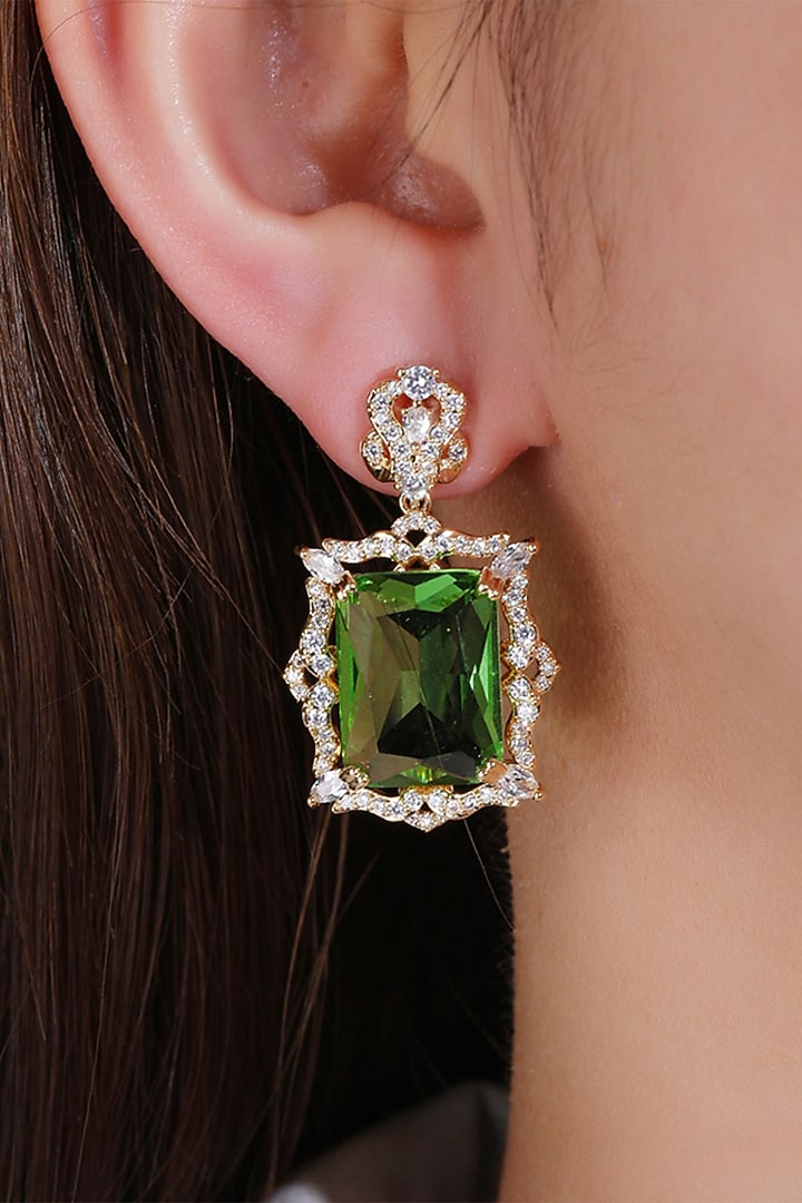 Gold Plated Green Gemstone & Zircon Dangler Earrings by Minaki at Pernia's Pop Up Shop