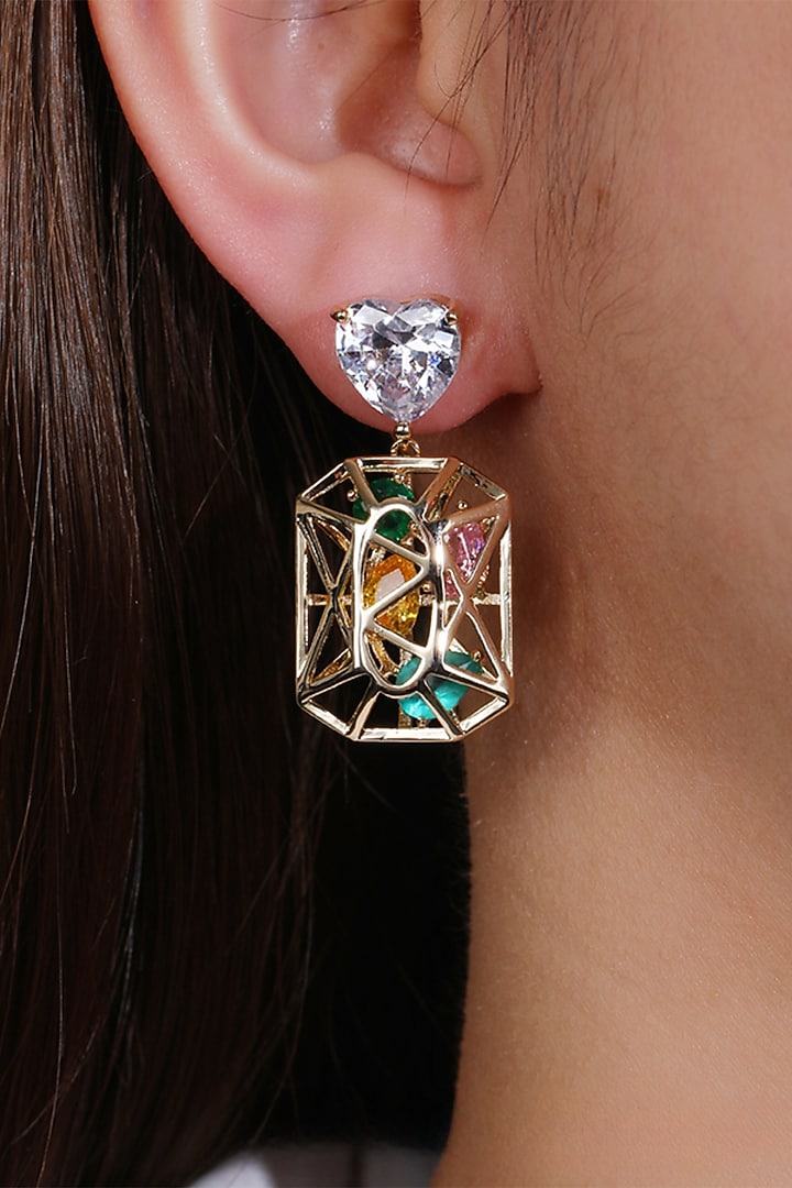 White Gold Finish Crystal & Zircon Dangler Earrings by Minaki at Pernia's Pop Up Shop