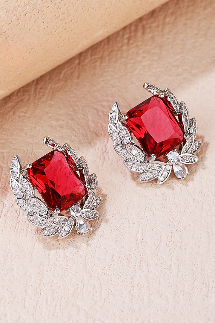 White Gold Finish Cubic Zirconia & Ruby Stone Stud Earrings by Minaki at Pernia's Pop Up Shop