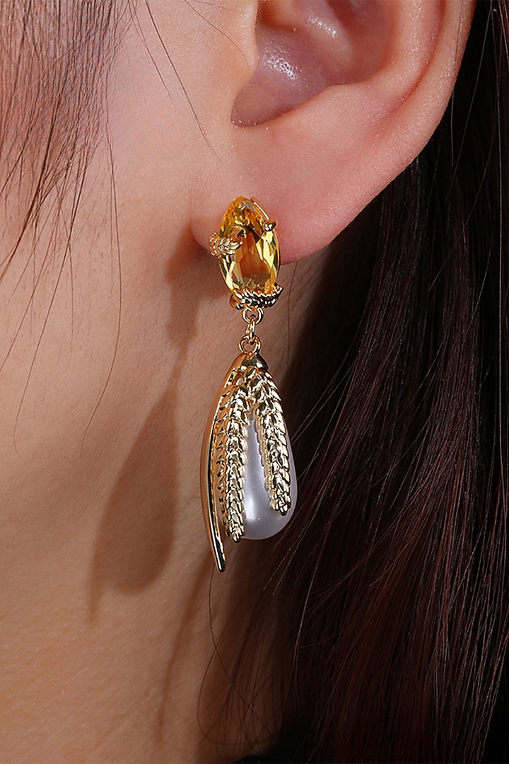 Gold Plated Zircon & Yellow Stone Dangler Earrings by Minaki at Pernia's Pop Up Shop
