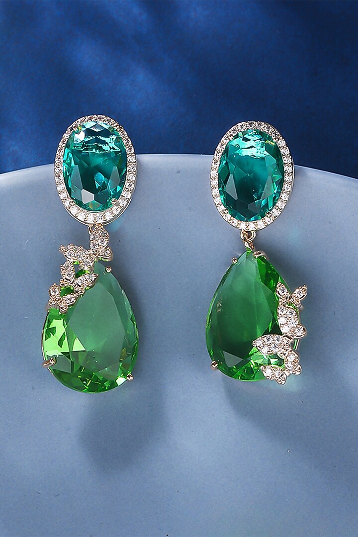 Gold Plated Green Stone & Zircon Dangler Earrings by Minaki at Pernia's Pop Up Shop