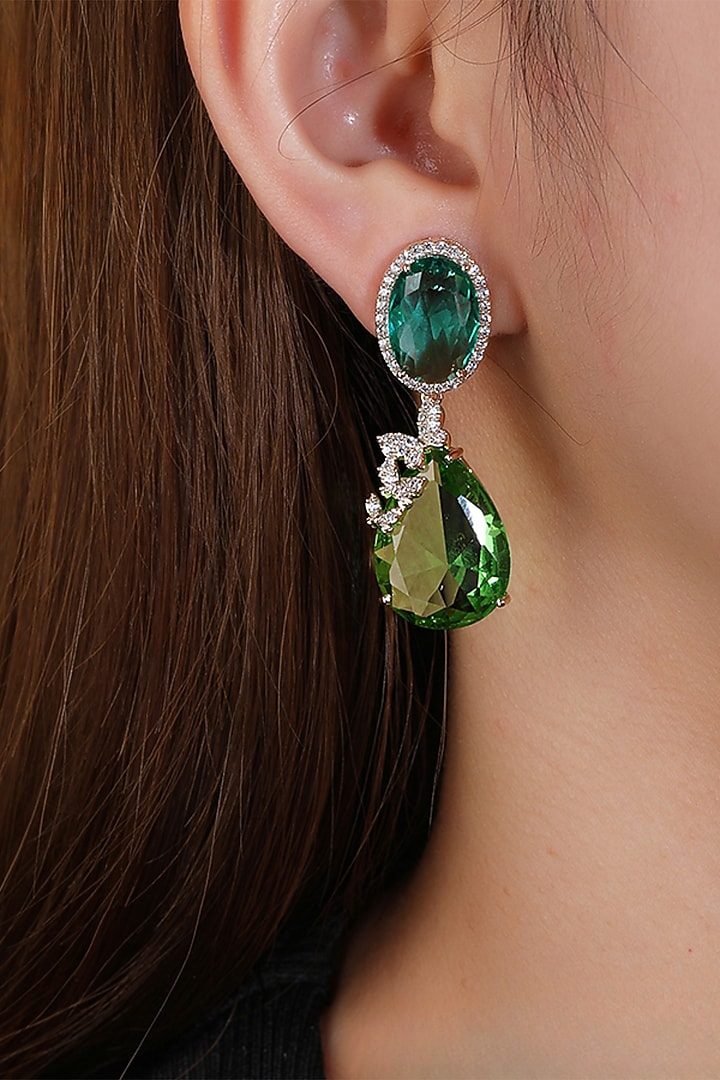Gold Plated Green Stone & Zircon Dangler Earrings by Minaki at Pernia's Pop Up Shop