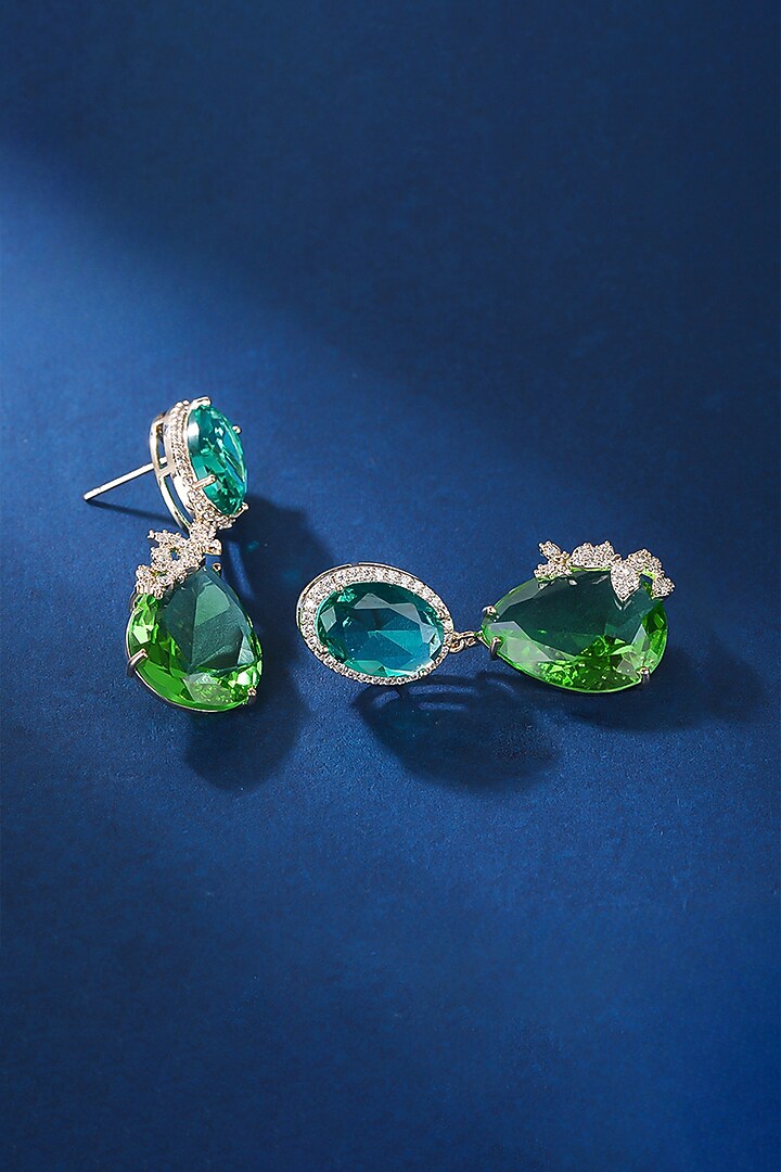 Gold Plated Green Stone & Zircon Dangler Earrings by Minaki at Pernia's Pop Up Shop