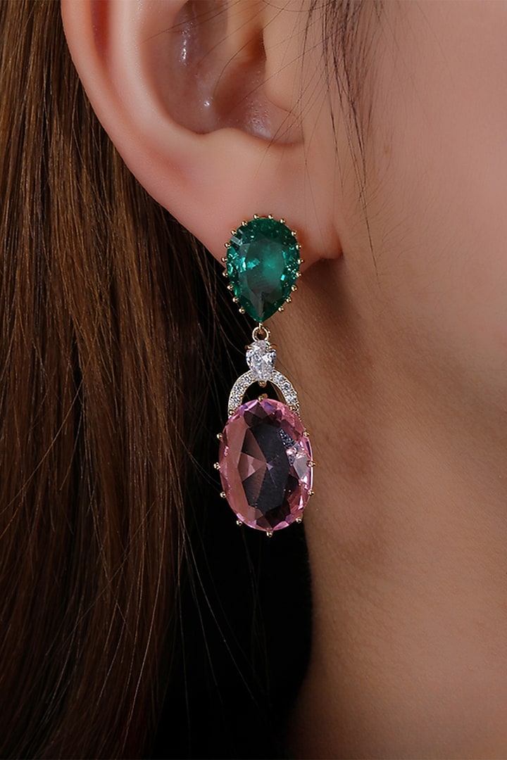 Gold Plated Pink Zircon Dangler Earrings by Minaki at Pernia's Pop Up Shop