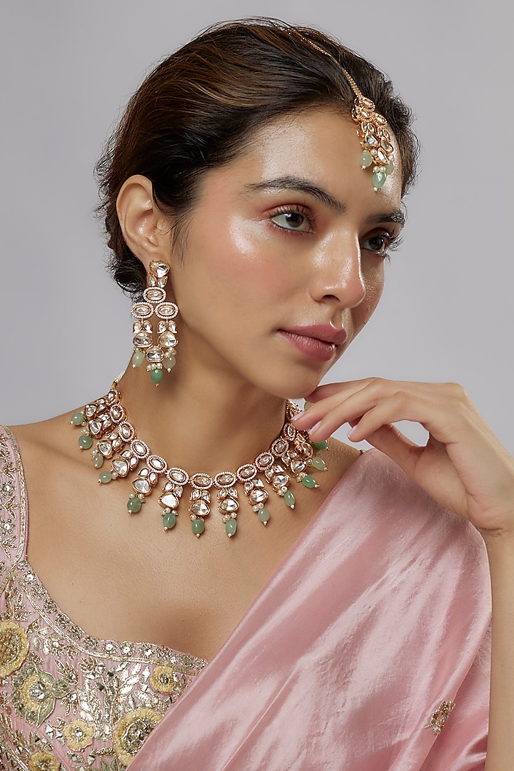 Gold Plated Kundan Polki & Green Beaded Necklace Set by Minaki at Pernia's Pop Up Shop