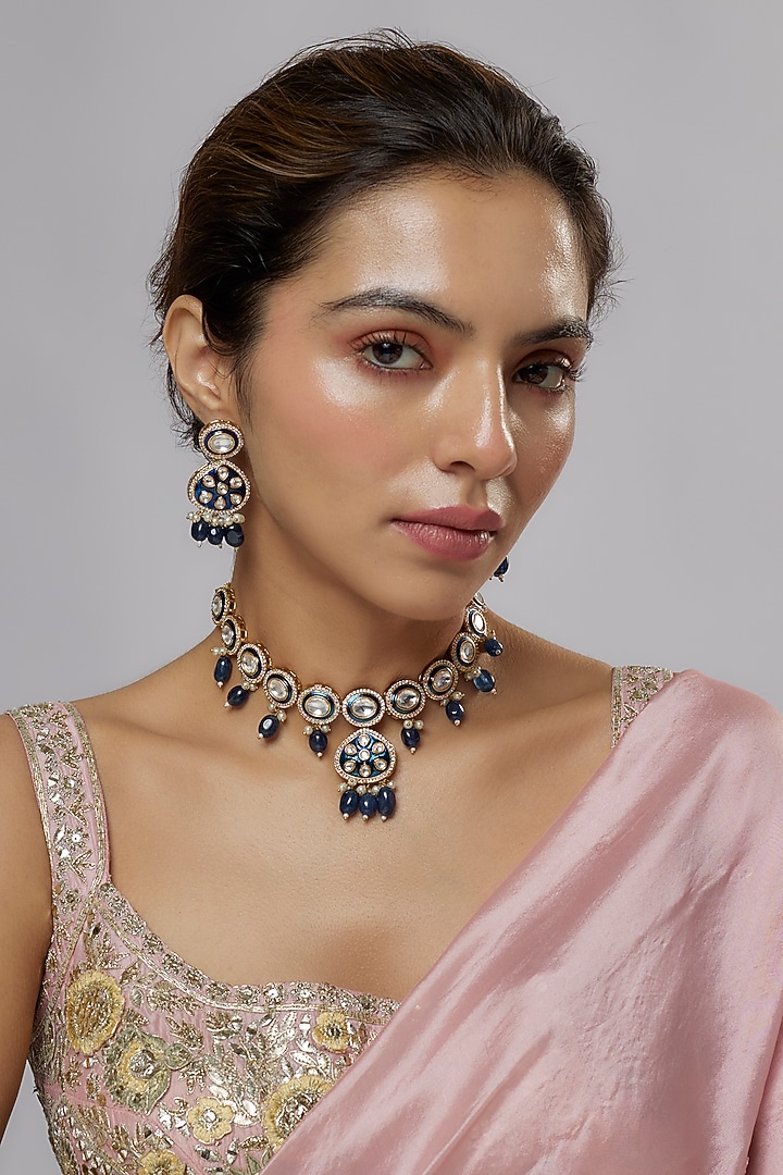 Gold Plated Kundan Polki & Blue Beaded Meenakari Necklace Set by Minaki at Pernia's Pop Up Shop