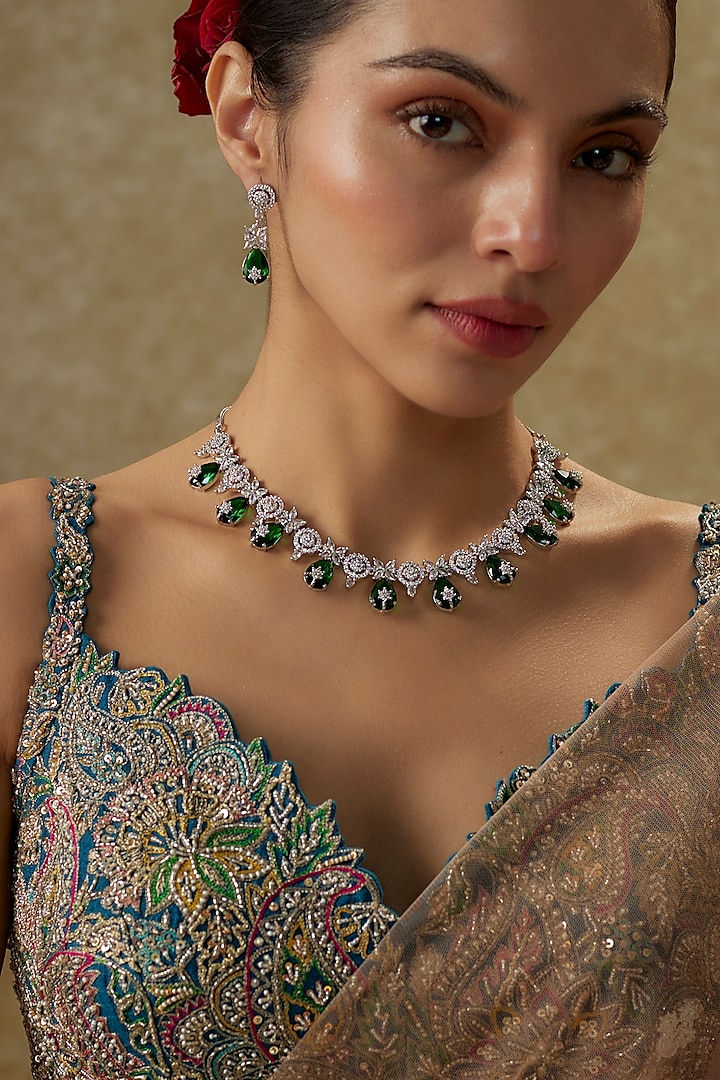 White Gold Finish Cubic Zirconia & Green Stone Necklace Set by Minaki at Pernia's Pop Up Shop