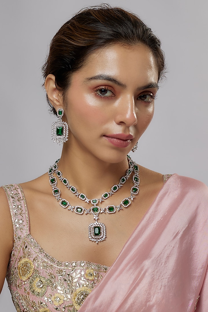 White Gold Finish Cubic Zirconia & Green Stone Layered Necklace Set by Minaki at Pernia's Pop Up Shop