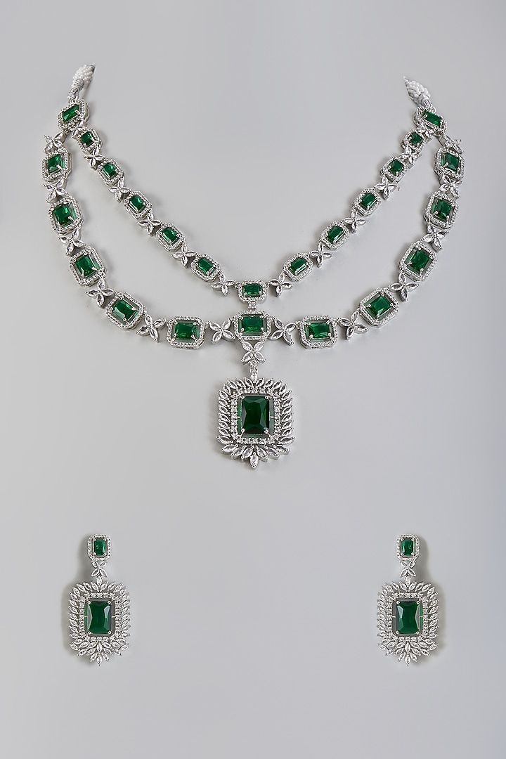 White Gold Finish Cubic Zirconia & Green Stone Layered Necklace Set by Minaki at Pernia's Pop Up Shop