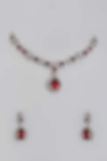 White Gold Finish Cubic Zirconia & Red Stone Necklace Set by Minaki