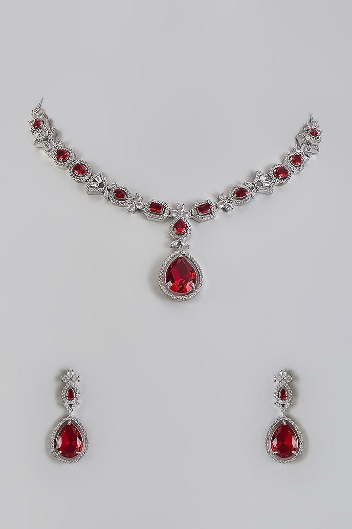 White Gold Finish Cubic Zirconia & Red Stone Necklace Set by Minaki