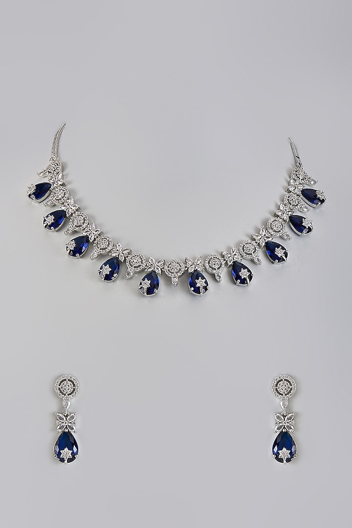 White Gold Finish Cubic Zirconia & Blue Stone Necklace Set by Minaki