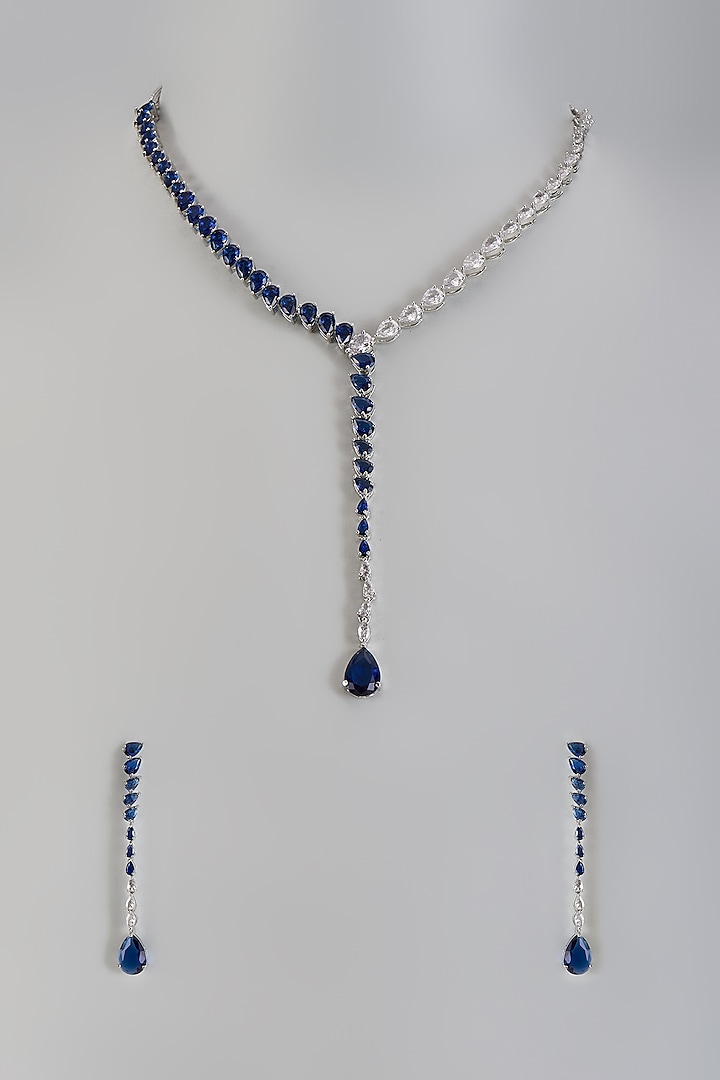 White Gold Finish Cubic Zirconia & Blue Stone Necklace Set by Minaki at Pernia's Pop Up Shop