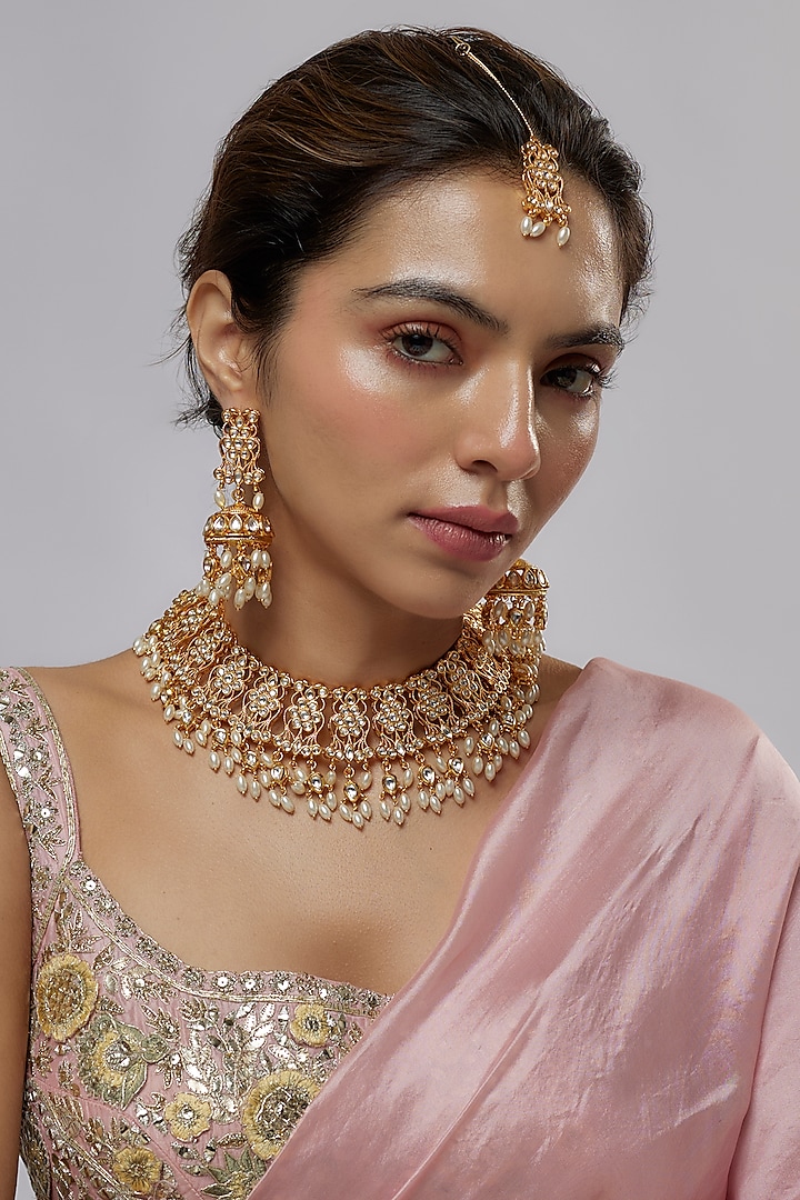 Gold Plated Kundan Polki & Pearl Necklace Set by Minaki at Pernia's Pop Up Shop