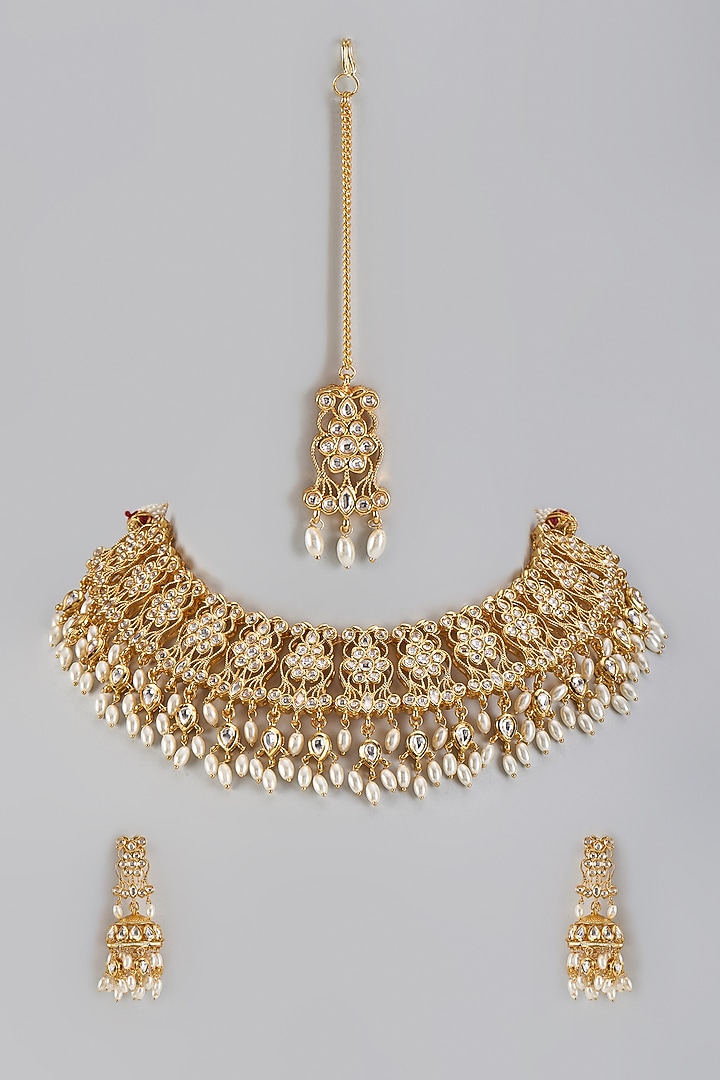 Gold Plated Kundan Polki & Pearl Necklace Set by Minaki at Pernia's Pop Up Shop