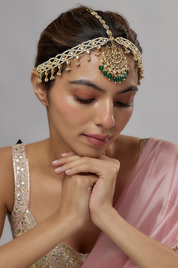 Gold Plated Kundan Polki & Green Beaded Mathapatti by Minaki at Pernia's Pop Up Shop