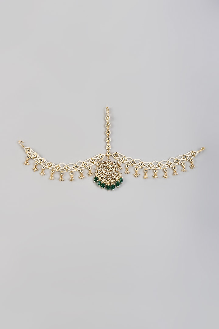Gold Plated Kundan Polki & Green Beaded Mathapatti by Minaki at Pernia's Pop Up Shop