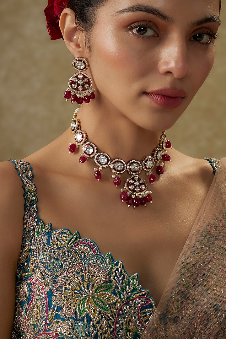 Gold Plated Kundan Polki & Red Beaded Meenakari Necklace Set by Minaki at Pernia's Pop Up Shop