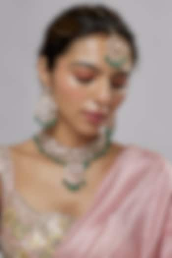 Gold Plated Kundan Polki & Green Beaded Necklace Set by Minaki at Pernia's Pop Up Shop