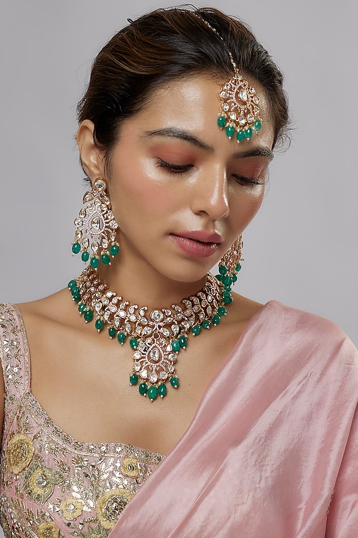 Gold Plated Kundan Polki & Green Beaded Necklace Set by Minaki at Pernia's Pop Up Shop