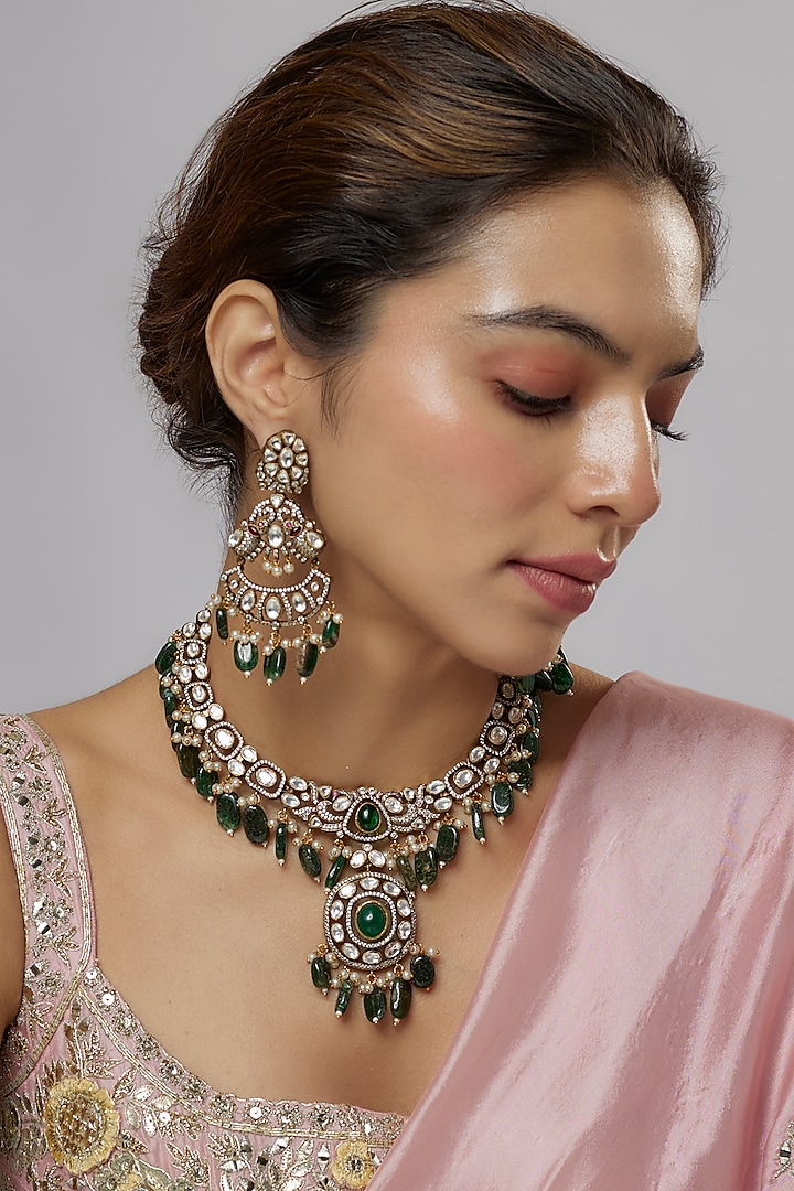 Two-Tone Finish Kundan Polki & Green Beaded Necklace Set by Minaki at Pernia's Pop Up Shop