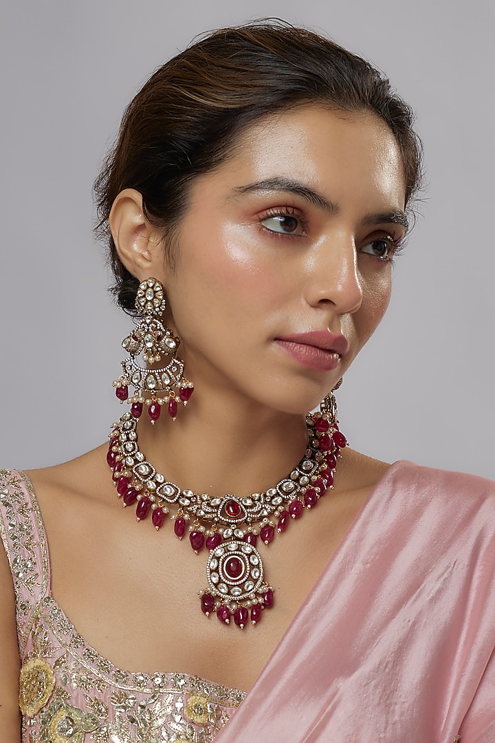 Two-Tone Finish Kundan Polki & Red Beaded Necklace Set by Minaki at Pernia's Pop Up Shop