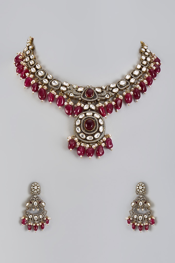 Two-Tone Finish Kundan Polki & Red Beaded Necklace Set by Minaki at Pernia's Pop Up Shop