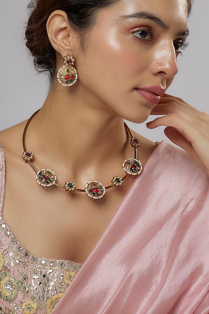 Gold Plated Kundan Polki & Multi-Colored Stone Necklace Set by Minaki at Pernia's Pop Up Shop