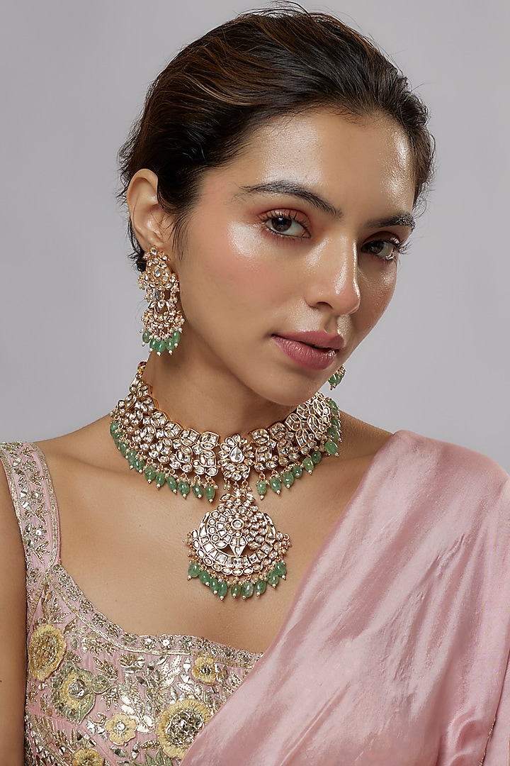 Gold Plated Kundan Polki & Green Beaded Necklace Set by Minaki at Pernia's Pop Up Shop