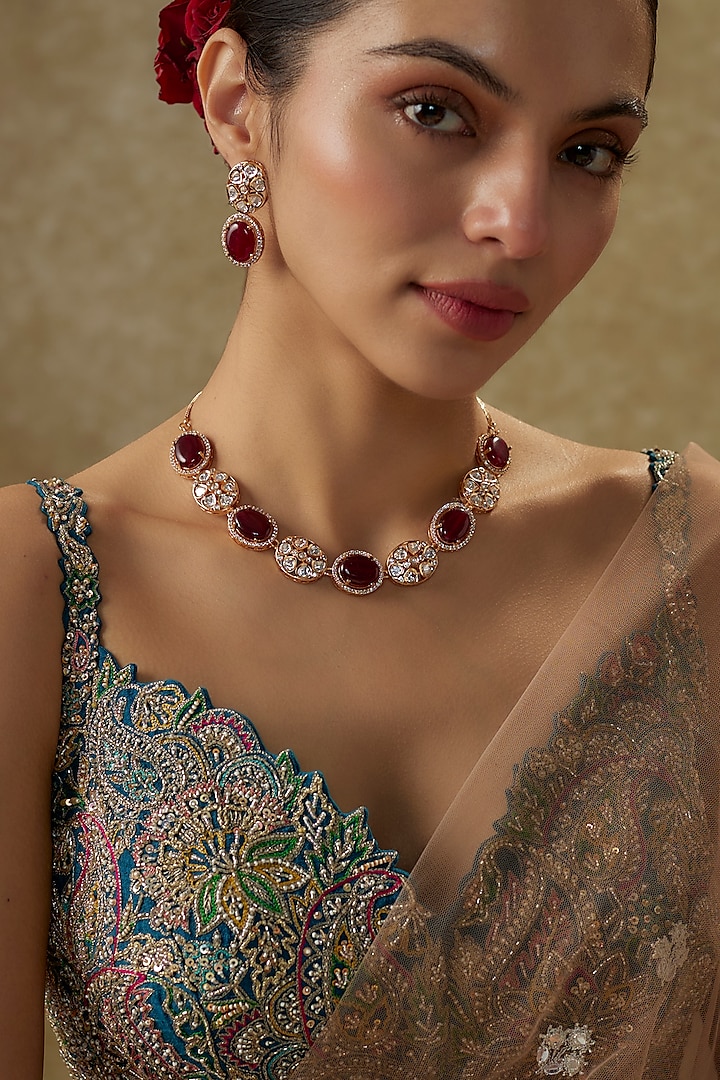 Gold Plated Kundan Polki & Ruby Stone Necklace Set by Minaki at Pernia's Pop Up Shop