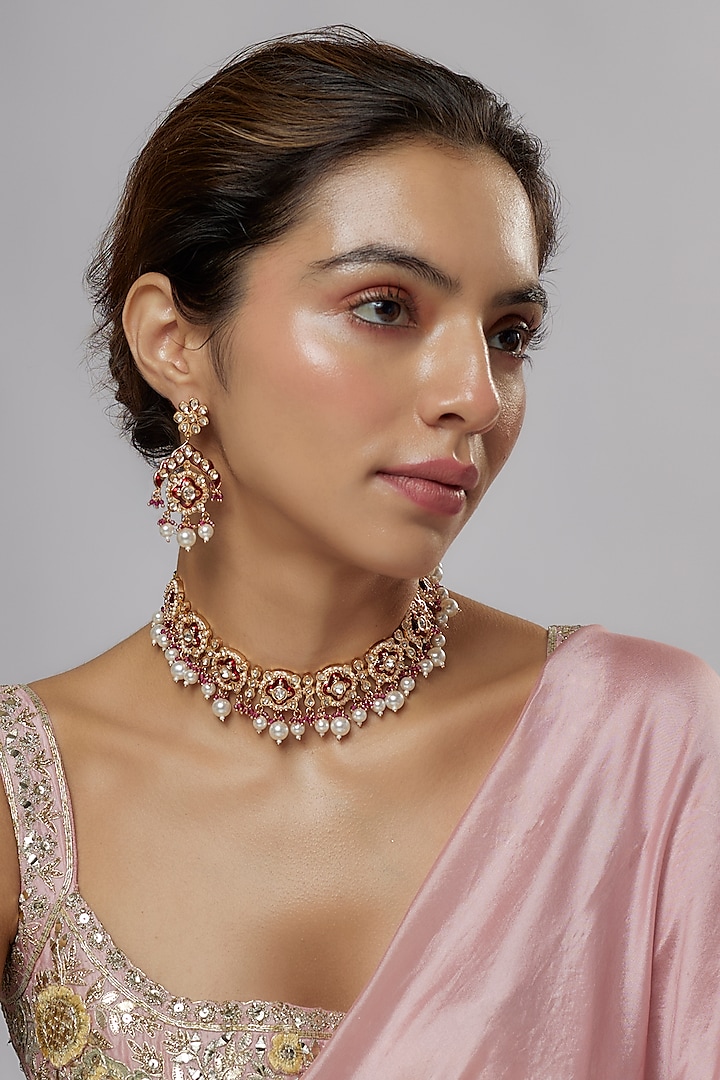 Gold Plated Kundan Polki & Pearl Red Meenakari Necklace Set by Minaki at Pernia's Pop Up Shop