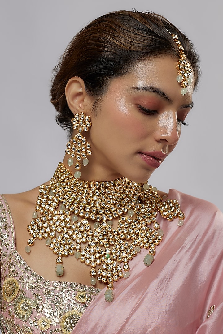 Gold Plated Kundan Polki & Green Beaded Necklace Set by Minaki at Pernia's Pop Up Shop